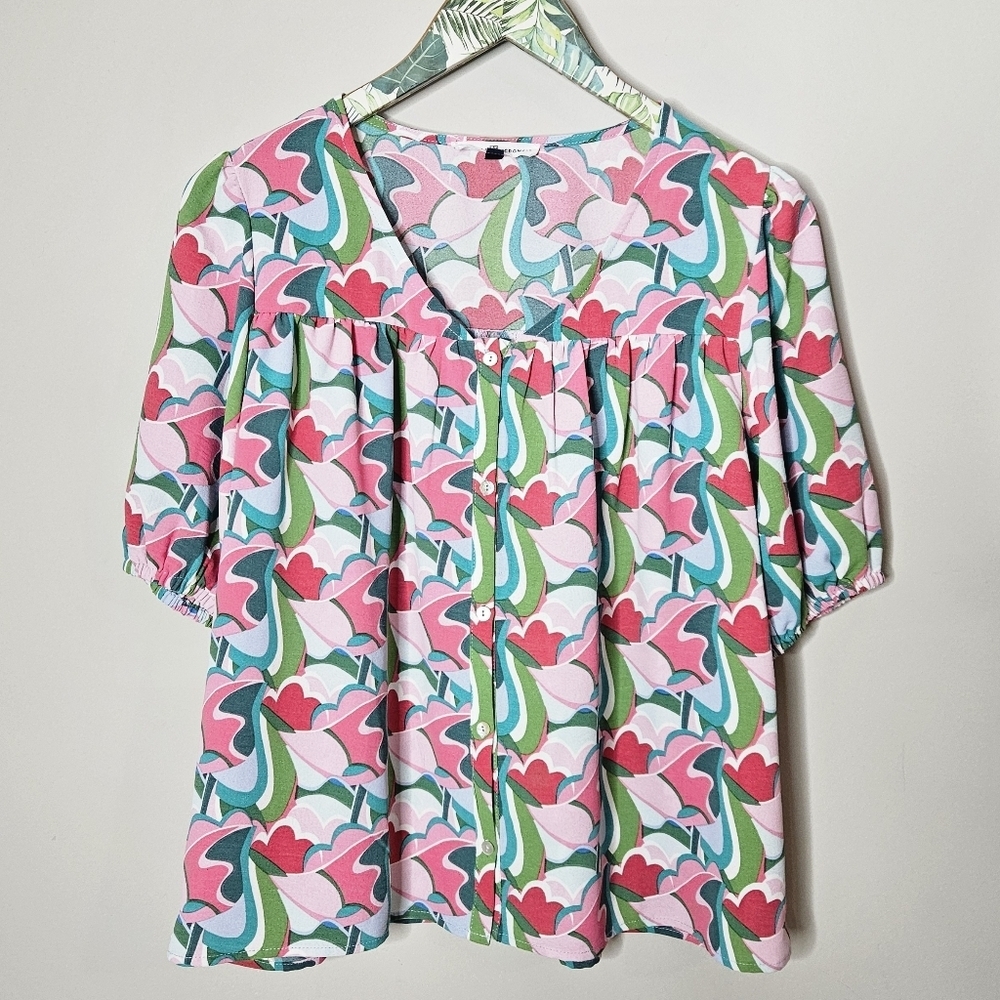 Michelle McDowell Bailey V-Neck Short Sleeve Button Front Blouse